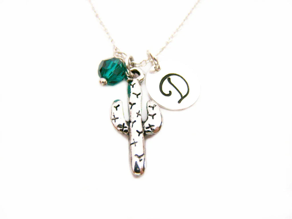 Cactus Necklace – Sterling Silver with Birthstone & Initial Charm