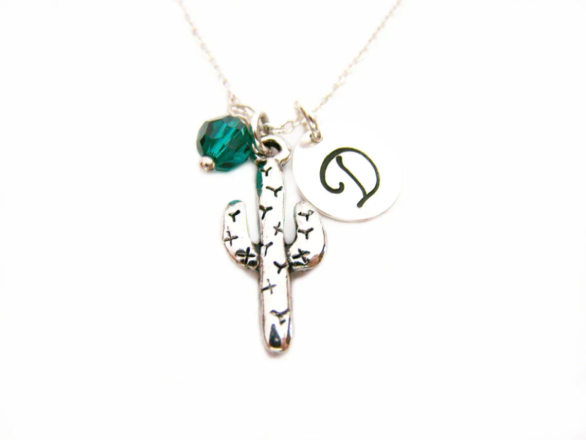 Cactus Necklace – Sterling Silver with Birthstone & Initial Charm